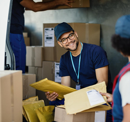 Courier team handling parcel delivery